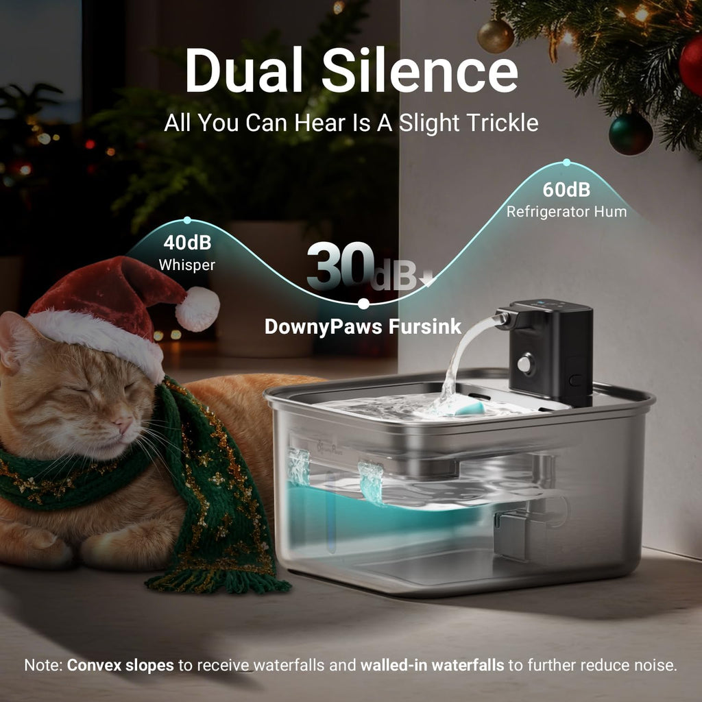 DownyPaws Cat Water Fountain Stainless Steel Wireless, 101 oz/3L FurSink Cordless Water Fountain for Cats, Battery Operated Cat Fountains for Drinking with Motion Sensor, Easy Clean, Metal & 6 Filters