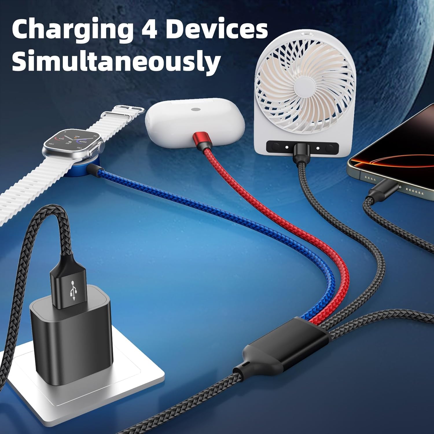 Dual Type-C 4 in 1 Charging Cable for Apple iWatch Charger, Travel Essentials Multi Charging Cable iPhone Charger Cord Compatible with iWatch Ultra/SE/10-1, iPhone17 16 15 14, Android-1Pc 5FT