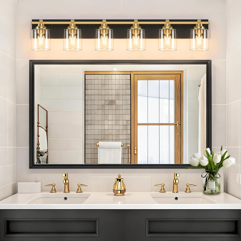 6 Light Modern Bathroom Light Fixtures Over Mirror, Black Gold Vanity Lights for Bathroom Wall Sconces with Clear Glass Shades, E26 Socket (Bulbs Not Included)