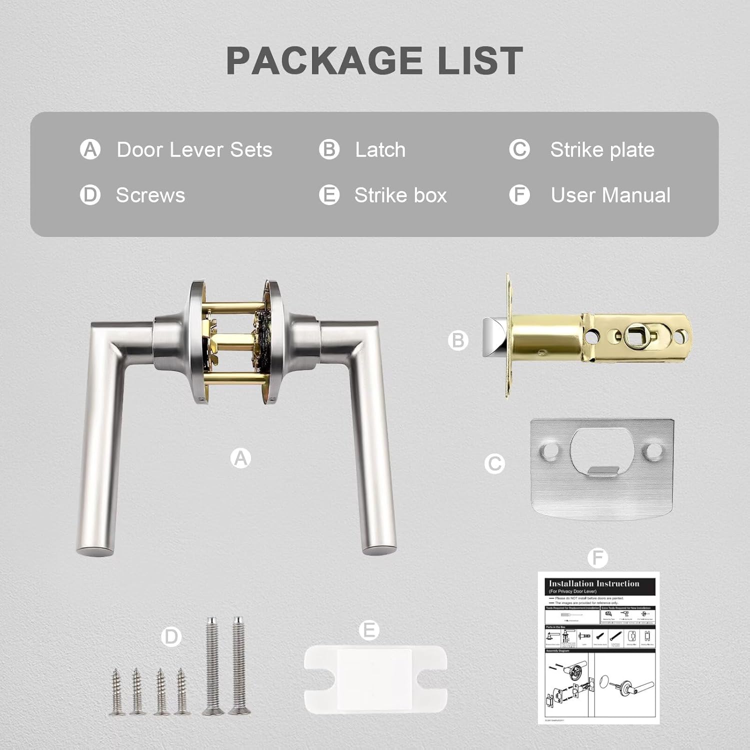 GOBEKOR 10 Pack Brushed Nickel Door Handles Interior,Heavy Duty Passage Door Handles Interior Door Levers for Hallway and Closet, Modern Sleek Round Door Locks Satain Nickel