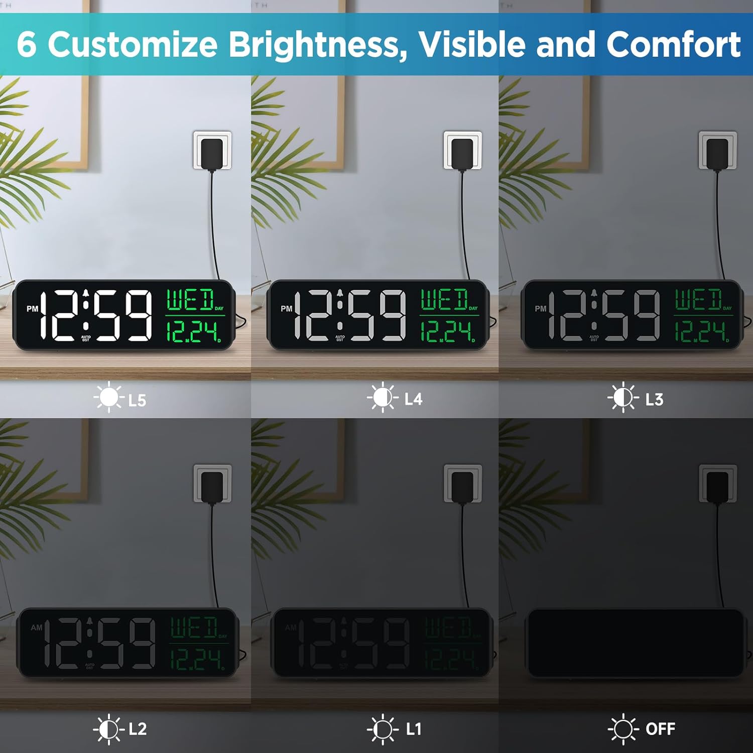 Peakeep Large Display Digital Alarm Clock for Bedrooms, Date Day of Week Calendar Desk Table Clocks for Living Room Office, Dimmable Plug in Electric Clock, 5 Volumes, Loud, Auto DST