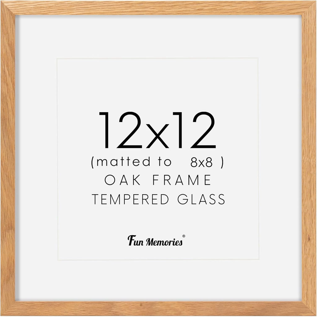 12x12 Picture Frame, Solid Oak Wood 12"x12" Photo Frame for Wall, 12 x 12 Frame Matted to 8 x 8, Square 12x12 Frame, Tempered Real Glass, 12 x 12 Collage Gallery Frames - Natural Oak Color, 1 Pack