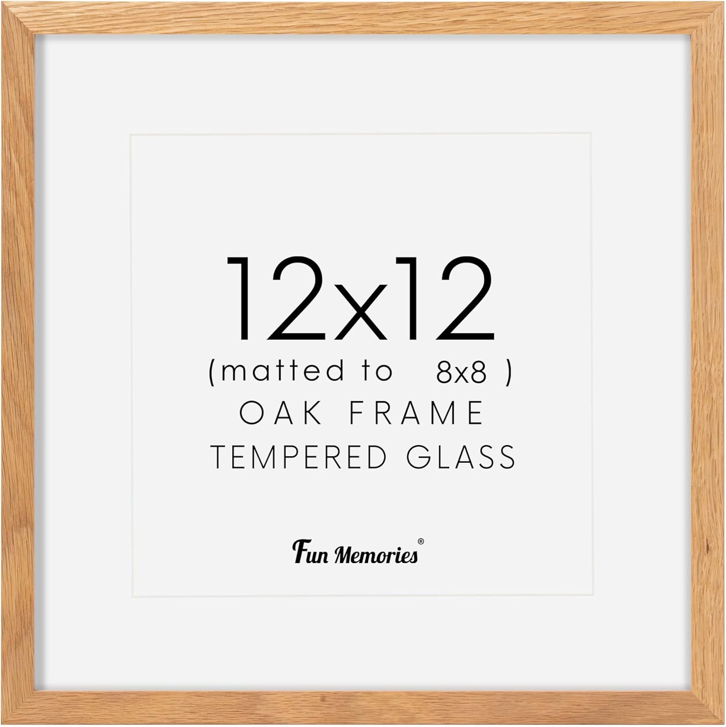 12x12 Picture Frame, Solid Oak Wood 12"x12" Photo Frame for Wall, 12 x 12 Frame Matted to 8 x 8, Square 12x12 Frame, Tempered Real Glass, 12 x 12 Collage Gallery Frames - Natural Oak Color, 1 Pack