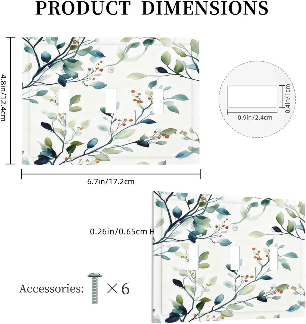 Decorative Light Switch Cover Plate Eucalyptus Leaf Geen Sage Leaves 3 Gang Wall Plates for Electrical Outlets Triple Toggle Switch Plate Covers Outlet Covers Faceplate for Bedroom Home Decor