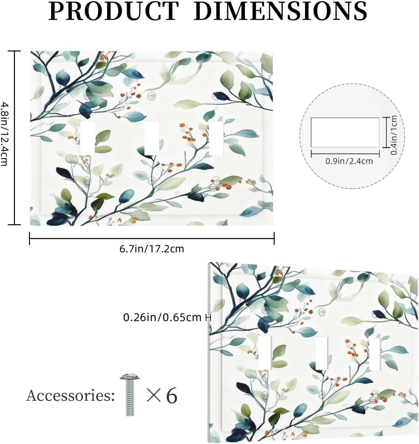 Decorative Light Switch Cover Plate Eucalyptus Leaf Geen Sage Leaves 3 Gang Wall Plates for Electrical Outlets Triple Toggle Switch Plate Covers Outlet Covers Faceplate for Bedroom Home Decor