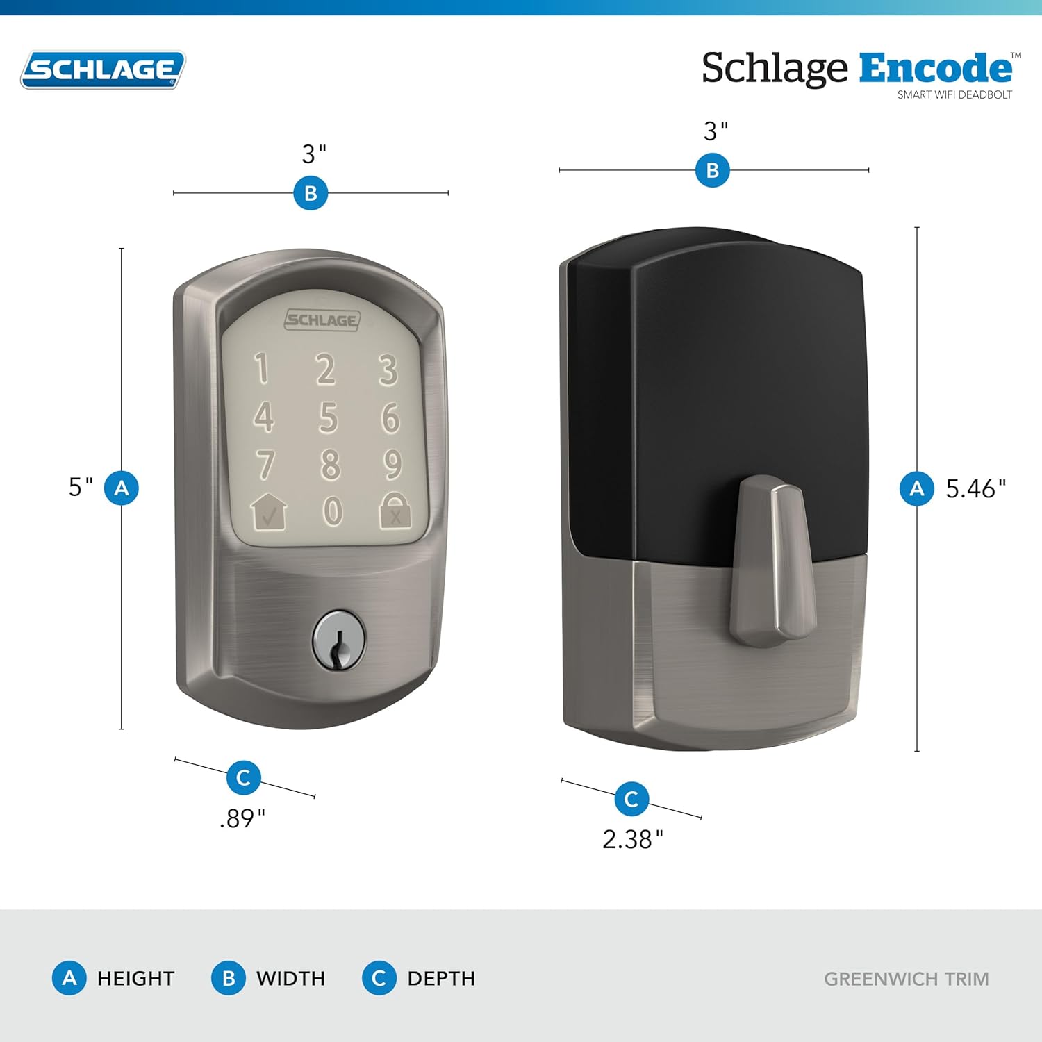 SCHLAGE BE489WB GRW 619 Encode WiFi Deadbolt Smart Lock, Keyless Entry Touchscreen Door Lock with Greenwich Trim, Satin Nickel