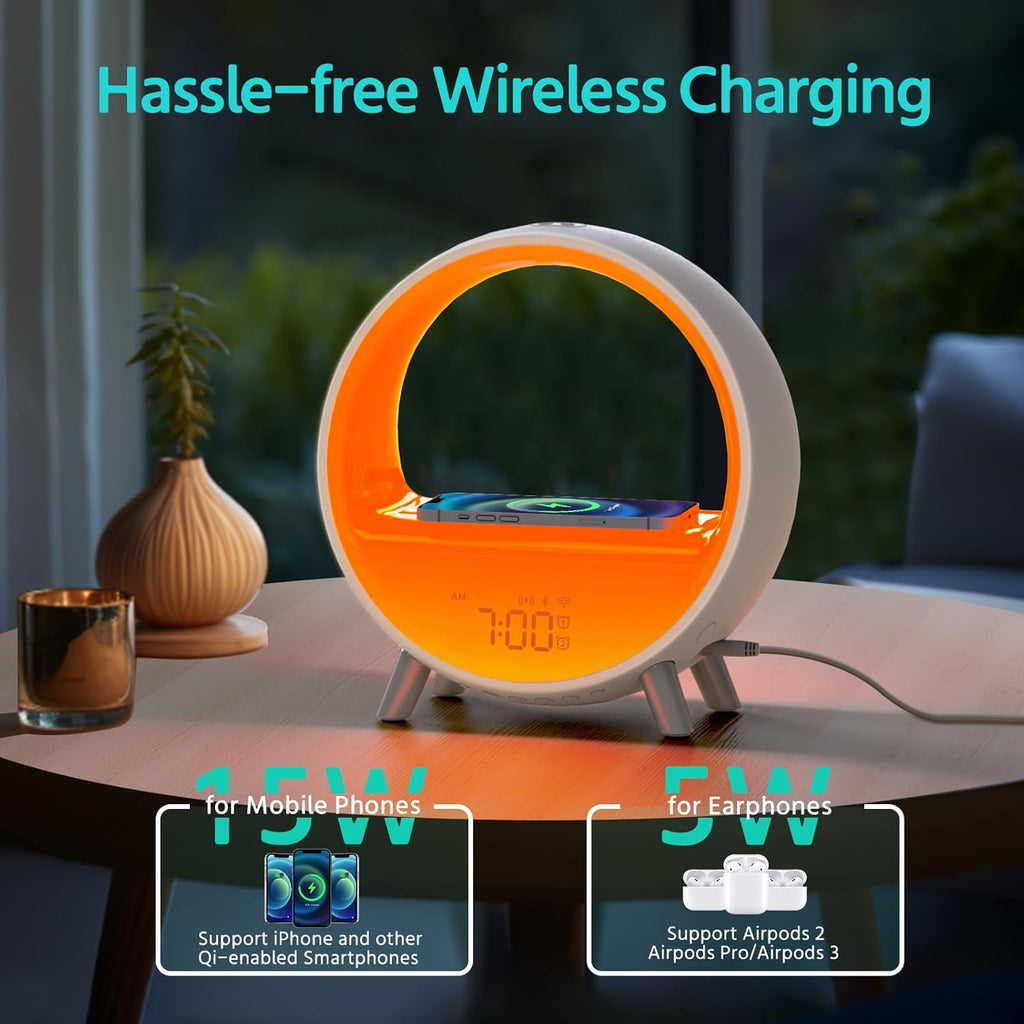 MOMILLA Sunrise Alarm Clocks with Bluetooth Speaker, White Noise Sound Machine with with Wireless Charging Station, 11 Lights Effects Night Light, Wake up Light Sunset Lamp Bedrooms for Adults Kids