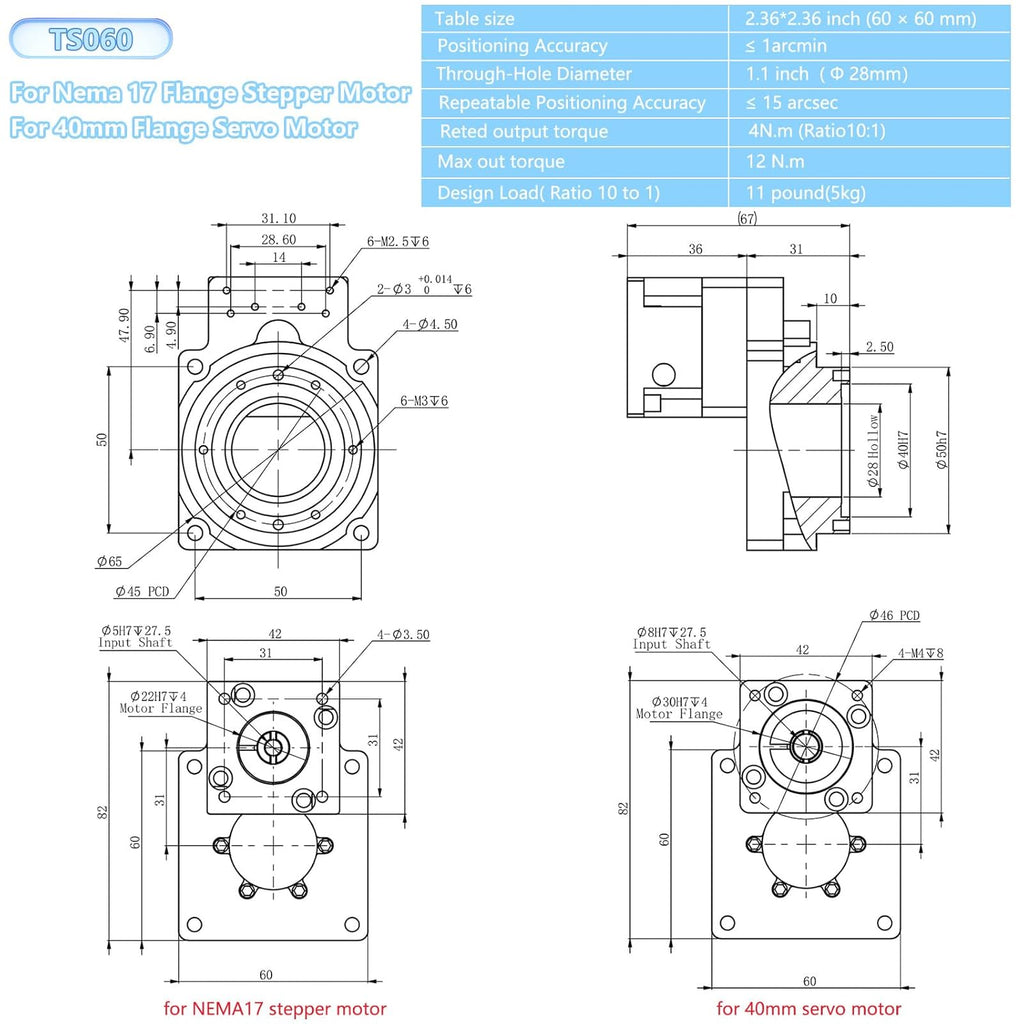 Hollow Rotary Actuator Ratio 10:1 High Accuracy Hollow Rotating Platform Rotary Positioners Suitable for Nema17 42mm Stepper Motor 40mm Servo Motor Substitutable for Direct Drive Motor Cam Indexer