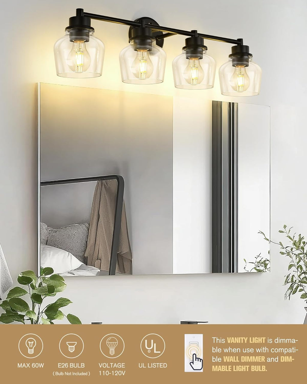 Emak 4-Light Bathroom Vanity Light, 29 Inch Black Bathroom Light Fixtures Over Mirror with Clear Glass Shade, Modern Farmhouse Vanity Lights for Mirror, Bath, VL122-BK-CG-4