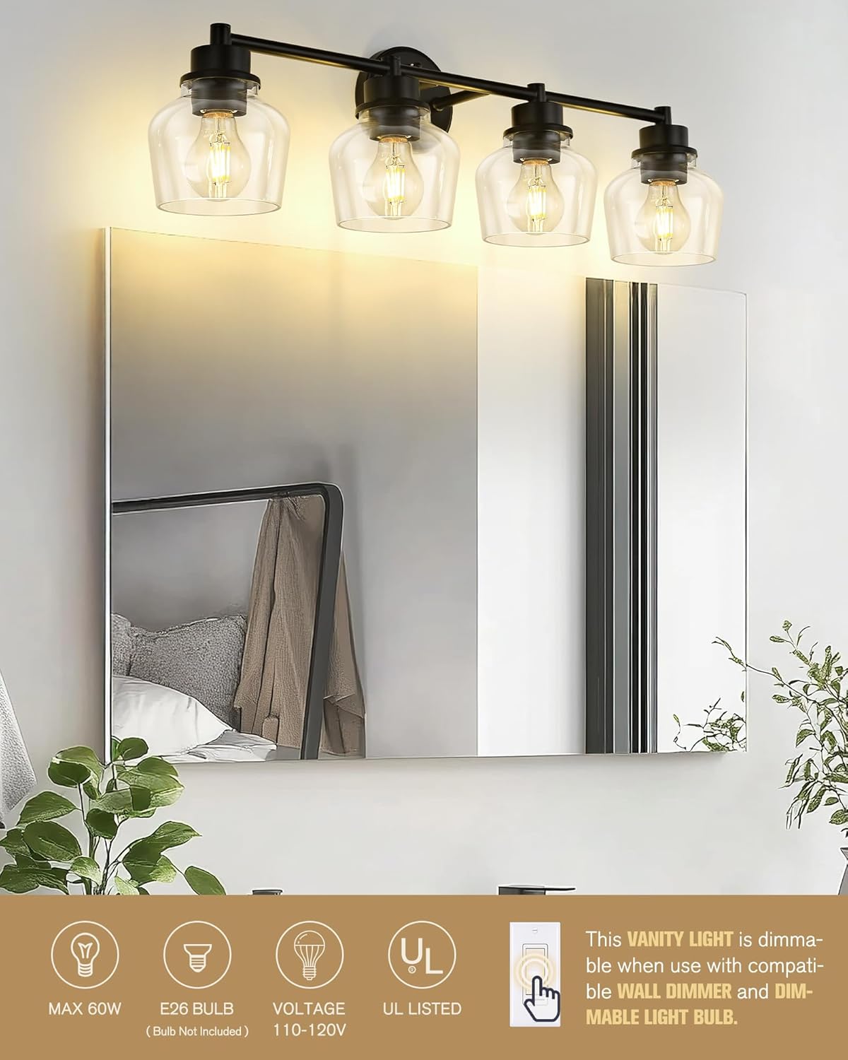 Emak 4-Light Bathroom Vanity Light, 29 Inch Black Bathroom Light Fixtures Over Mirror with Clear Glass Shade, Modern Farmhouse Vanity Lights for Mirror, Bath, VL122-BK-CG-4