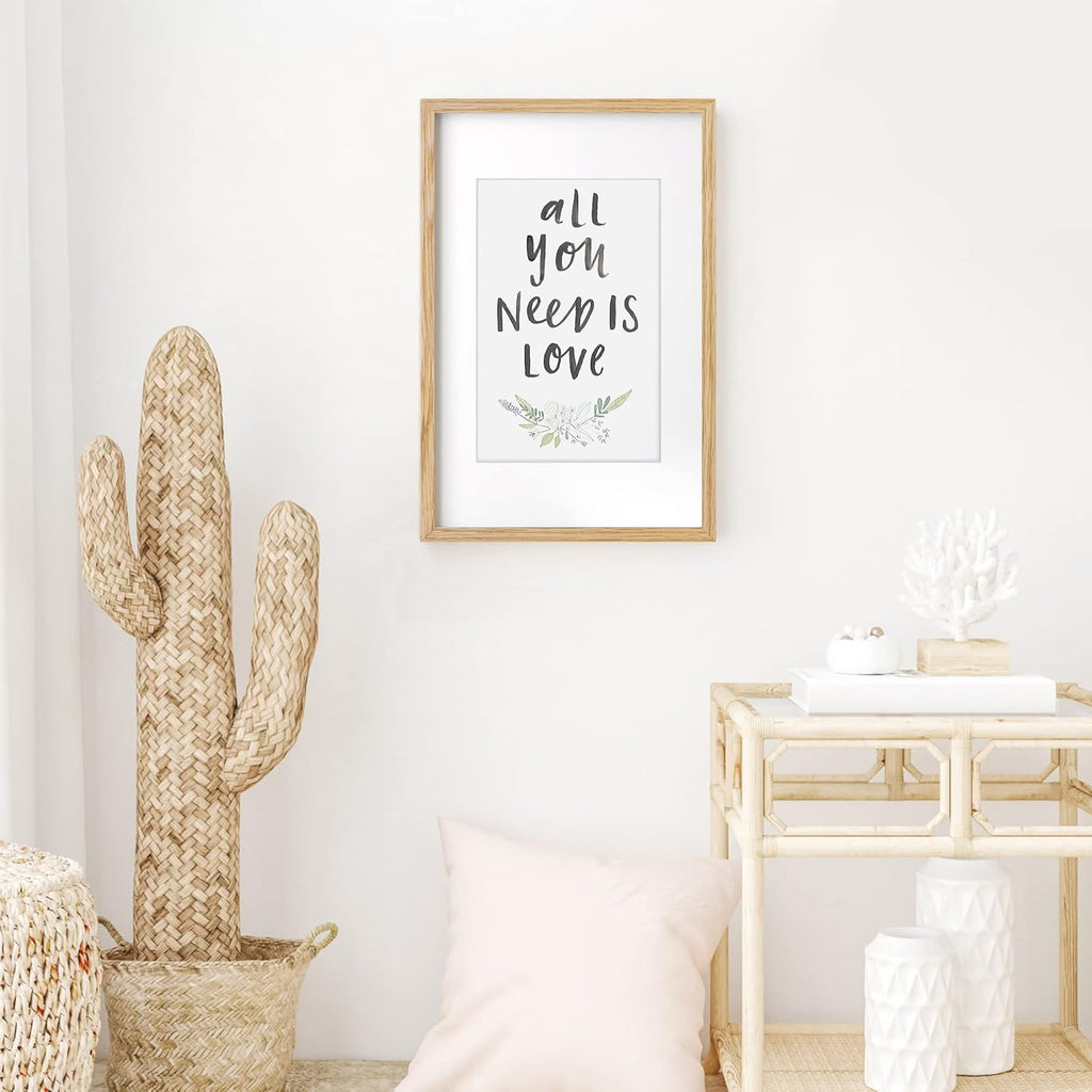 Fun Memories 11x17 Picture Frame, Solid Oak Wood 11"x17" Picture Frames, 11 x 17 Poster Frame for Wall, 11x17 Wood Photo Frame - 8x12 with Mat, Tempered Real Glass (Beige Oak Color, 1 Pack)