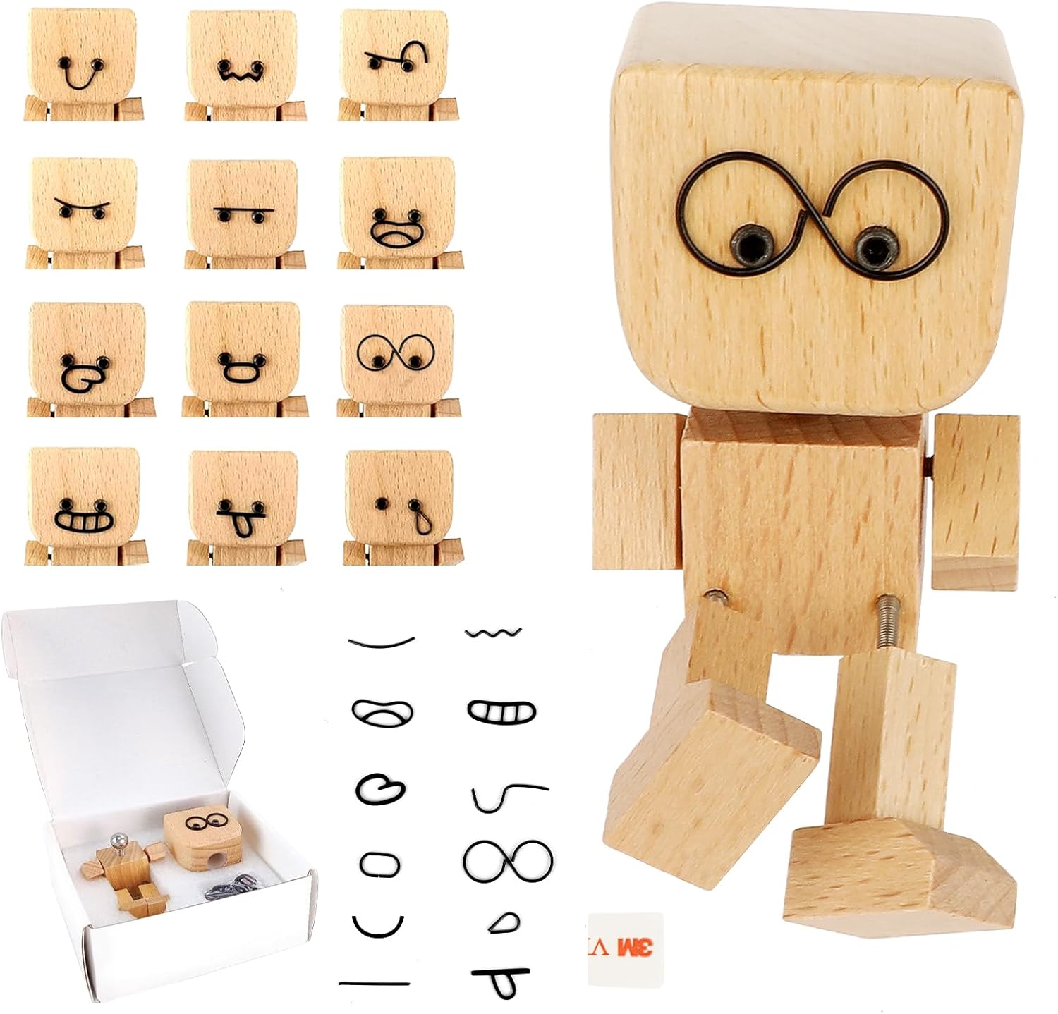 Shaking Wooden Man Figurine for Car Dashboard, Handmade Shaking Feet Wooden Man with 12PCS Magnetic Expressions, Creative Wood Desktop Decor Gifts
