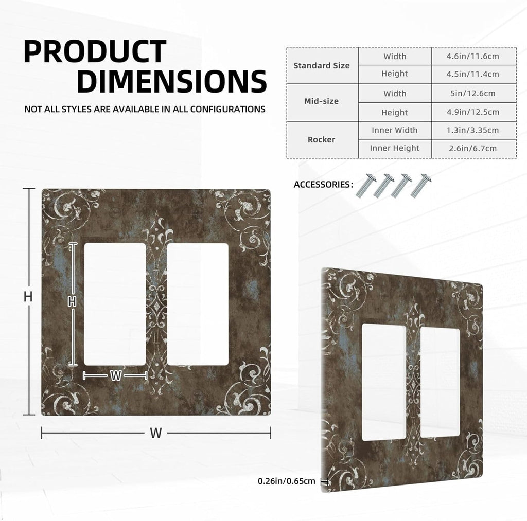 Decorative Outlet Covers Brown Vintage Abstract Floral 2 Gang Wall Plate Double Rocker Two Switch Wall Cover Plate Jumbo Dual GFCI Faceplate for Country Bedroom Home Decor