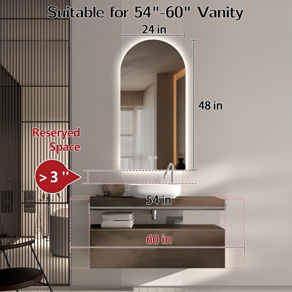 Niccy Arched LED Bathroom Mirror, 48x24 Inch Arch Frameless Backlit Mirrors for Wall Arched Lighted Vanity Mirrors Defogger and 3 Color, Explosion-Proof, HD Glass and IP65 Waterproof