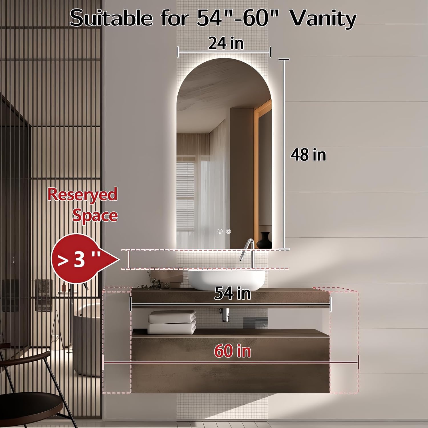 Niccy Arched LED Bathroom Mirror, 48x24 Inch Arch Frameless Backlit Mirrors for Wall Arched Lighted Vanity Mirrors Defogger and 3 Color, Explosion-Proof, HD Glass and IP65 Waterproof