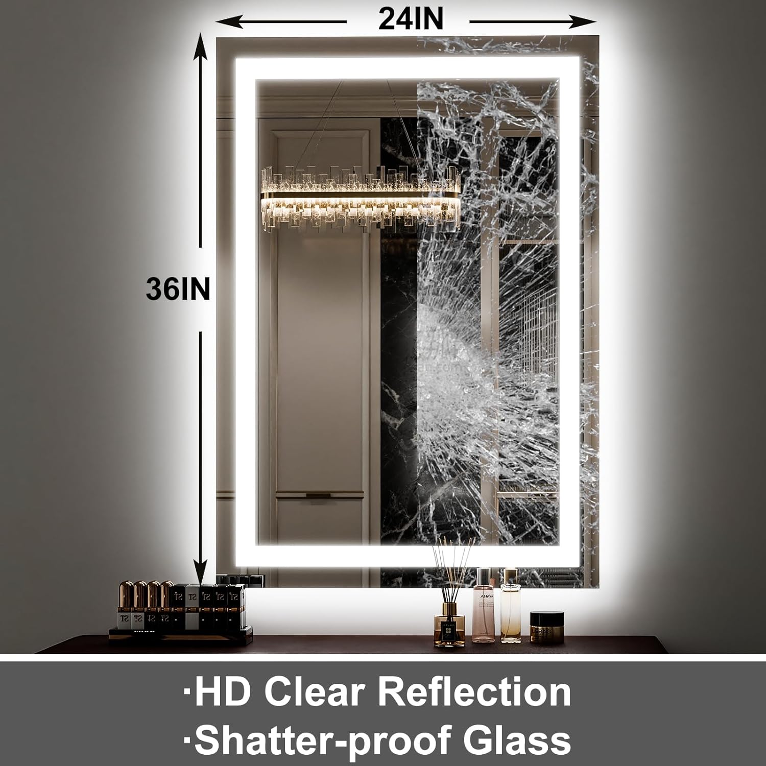 GLSLAND 24"x36" LED Bathroom Mirror with Lights, Dimmable Front and Backlit Vanity Mirrors, Wall Mounted Anti-Fog Lighted Mirror, Horizontal/Vertical Hanging