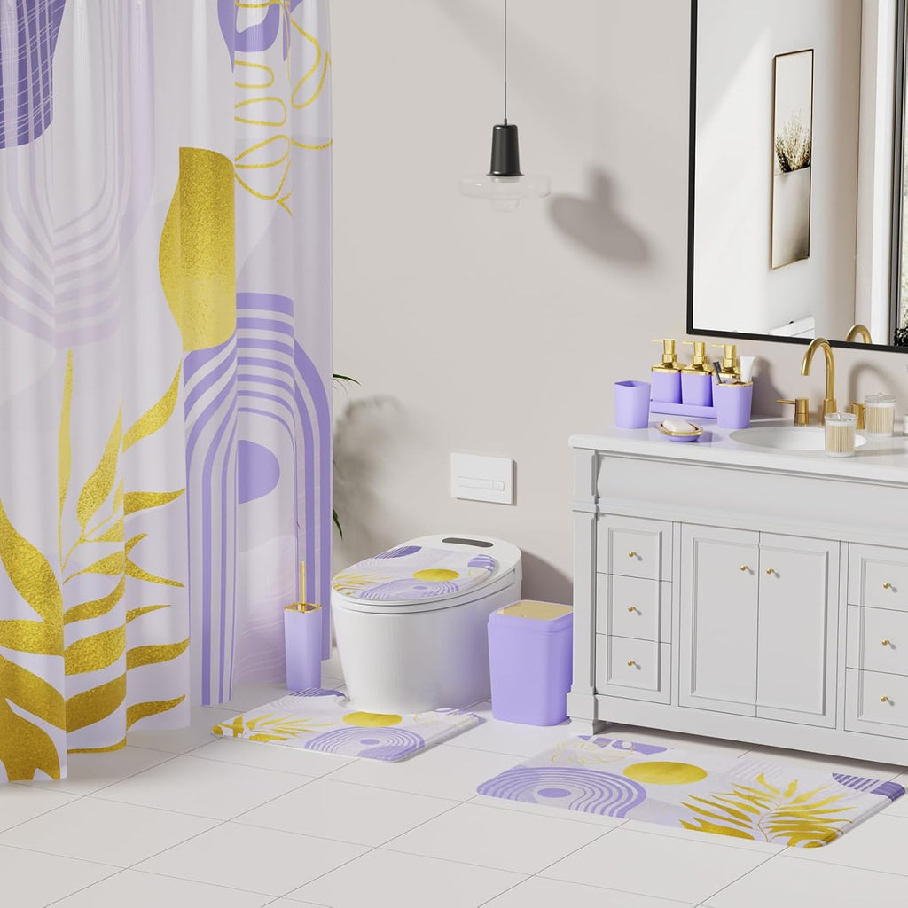 Bathroom Set - Bathroom Sets with Shower Curtain and Rugs, Bathroom Accessory Set, Purple Bathroom Accessories Set with Trash Can, Toilet Brush and Soap Dispensers