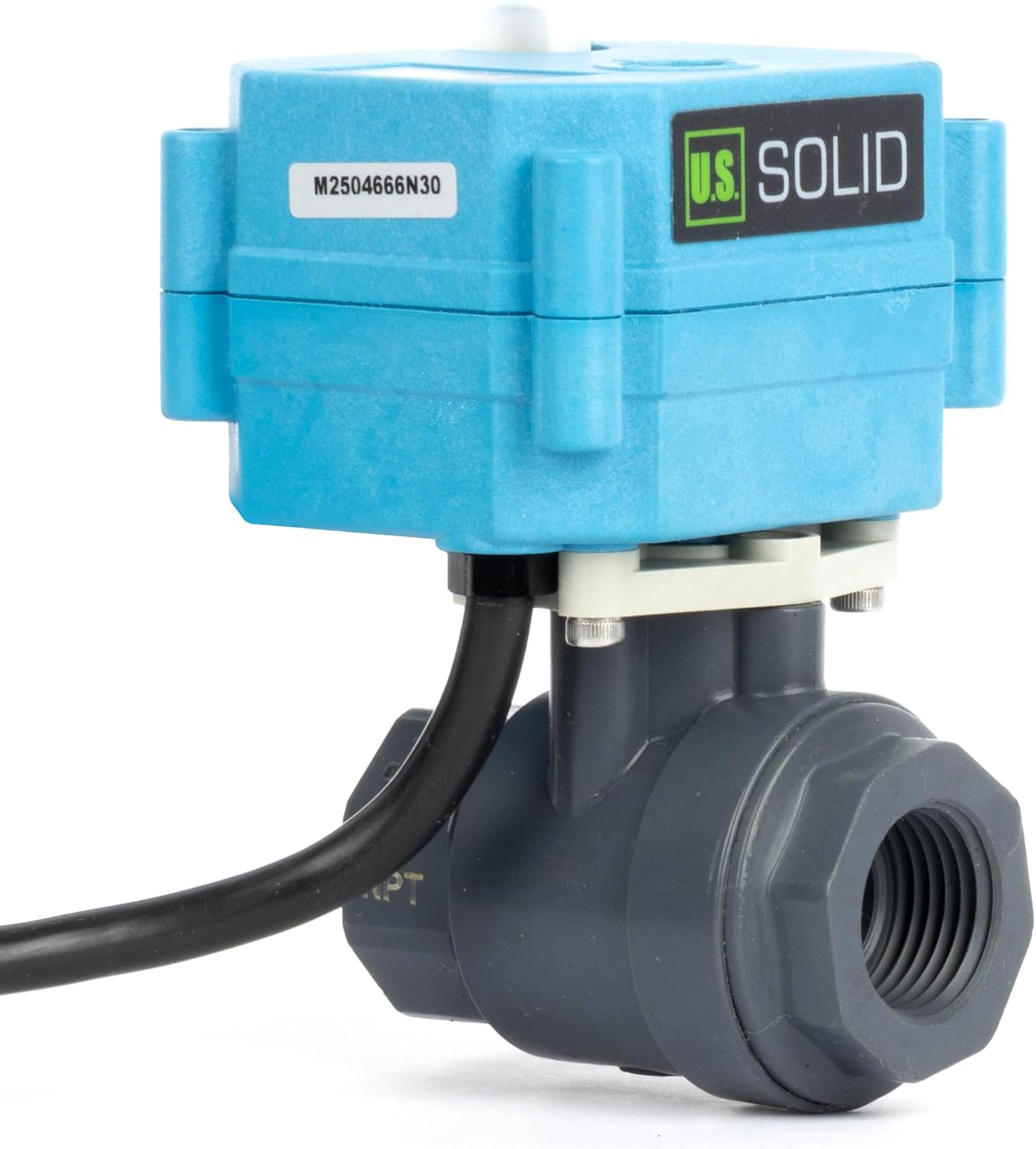 U.S. Solid 1/2 inch PVC Motorized Ball Valve - Plastic Electrical, US Plug, 2 Wire Auto Return, AC 110~230V, IP67, Manual Override, Normally Closed
