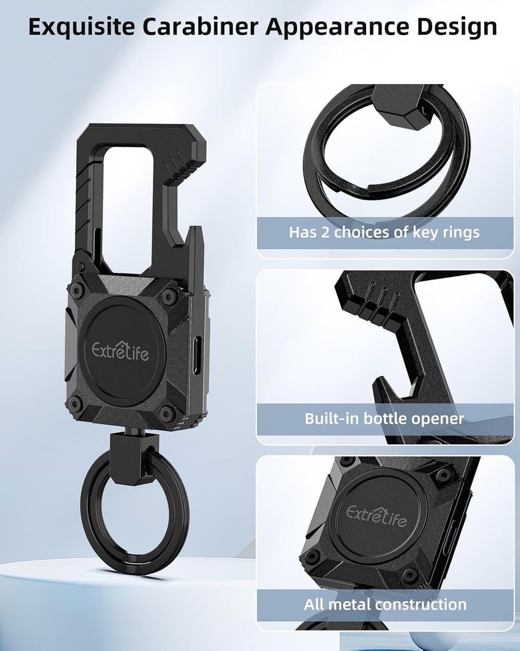 Keychain, Works with Apple Find My, Heavy Duty Keychain Bottle Opener, Carabiner Car Key Chains with Gps Tracker, Key Finder, Bluetooth Tracker for Luggage, Kids, Bags and More, Rechargeable, Black