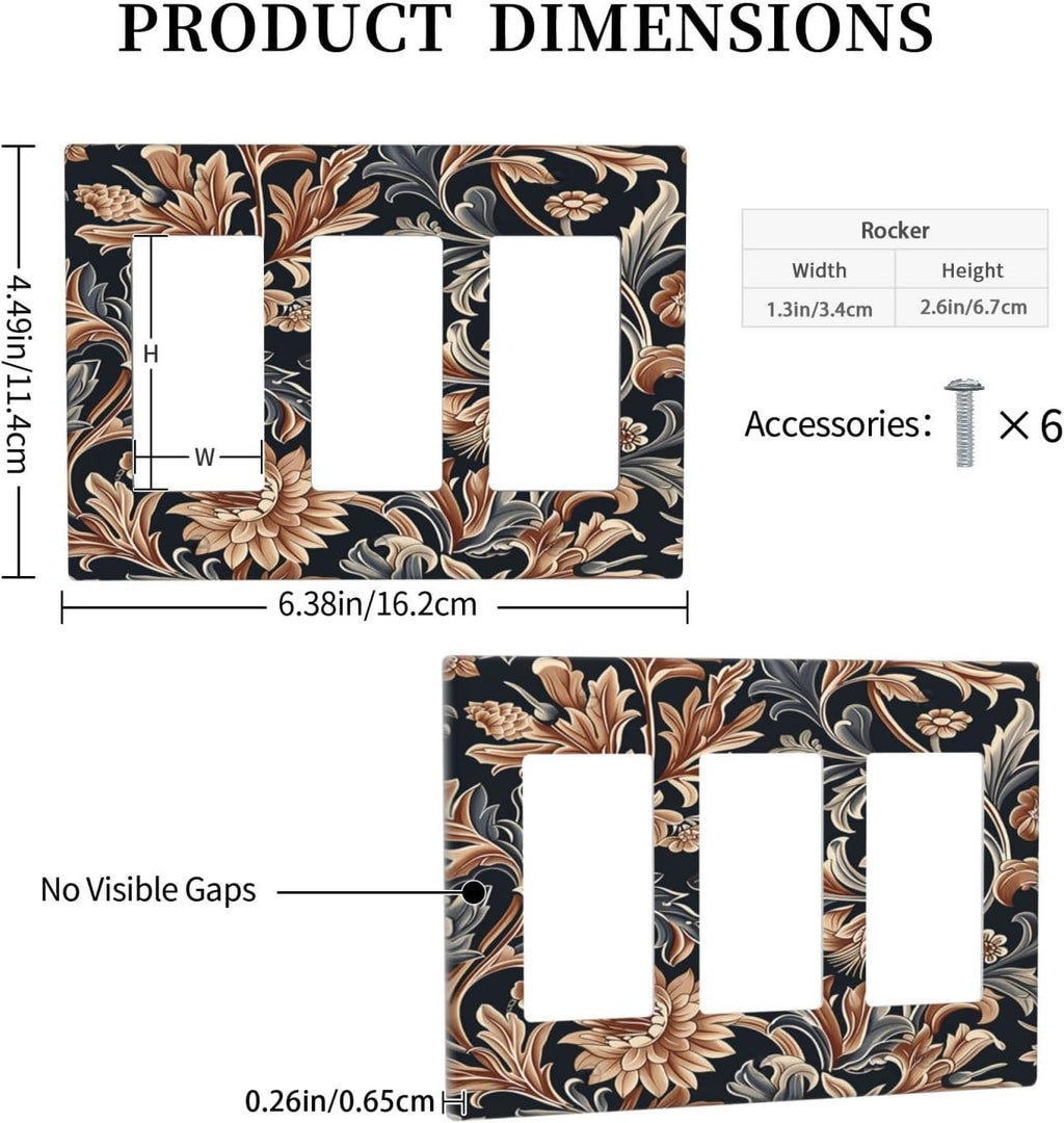 Light Switch Covers Vintage Grey Plant Leaves Brown Flowers 3 Gang Rocker Electrical GFCI Decorative Triple Outlet Wall Plate Cover Switchplate for Bedroom Home Decor