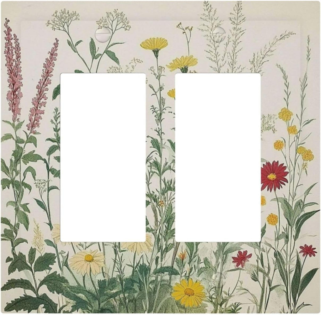 Rustic Wildflower Green Plants Daisy Floral Decorative Outlet Covers 2 Gang Double Gfci Rocker Electrical Wall Panels Light Switch Cover Plate For Farmhouse Bed Room Decor