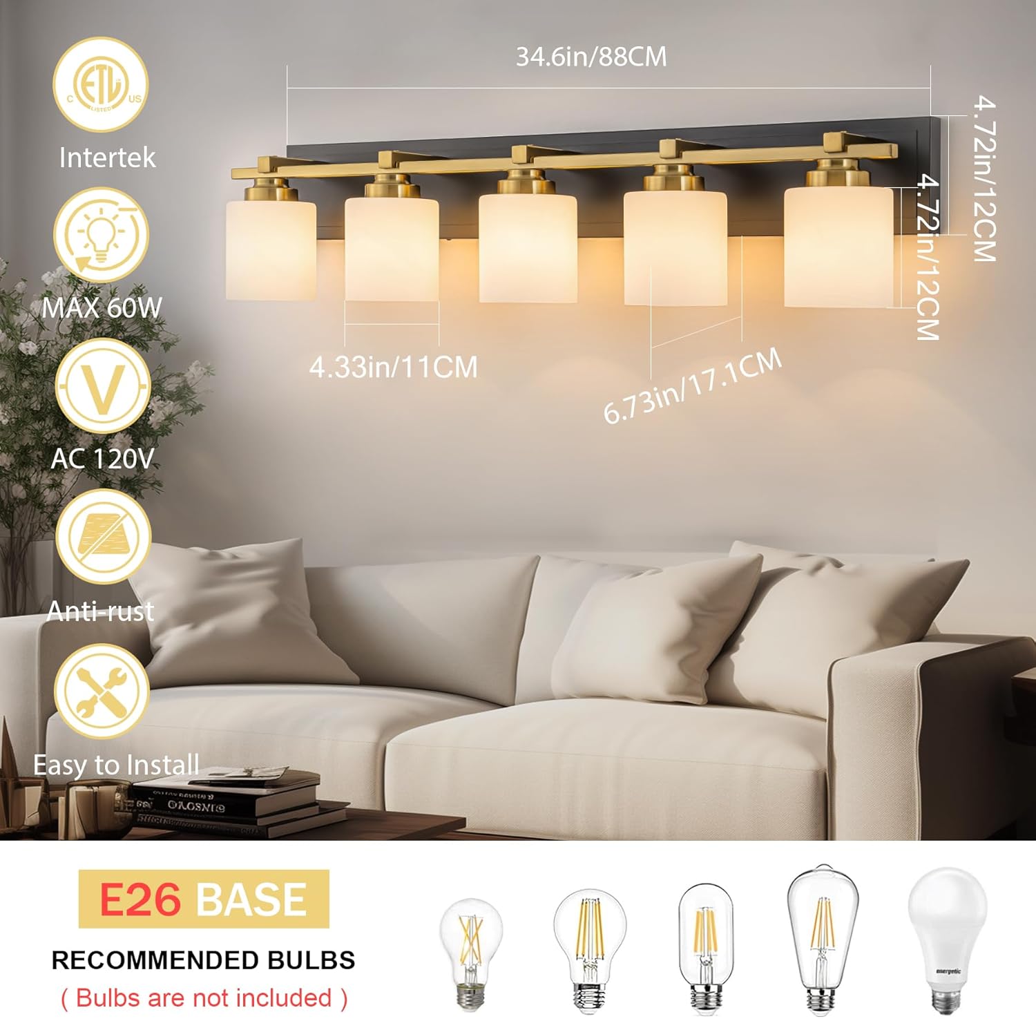 5 Light Modern Bathroom Light Fixtures Over Mirror, Black Gold Vanity Lights for Bathroom Wall Sconces with Milky White Glass Shades, E26 Socket (Bulbs Not Included)