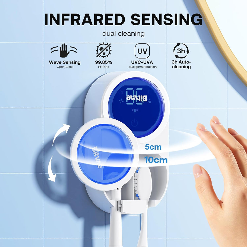 Bitvae Tooth Brush Holder for Bathroom, Infrared Sensing Toothbrush Cleaner, Wall-Mounted for Most Size Toothbrushes, Air Drying, LED Smart Screen, White Gold Trim