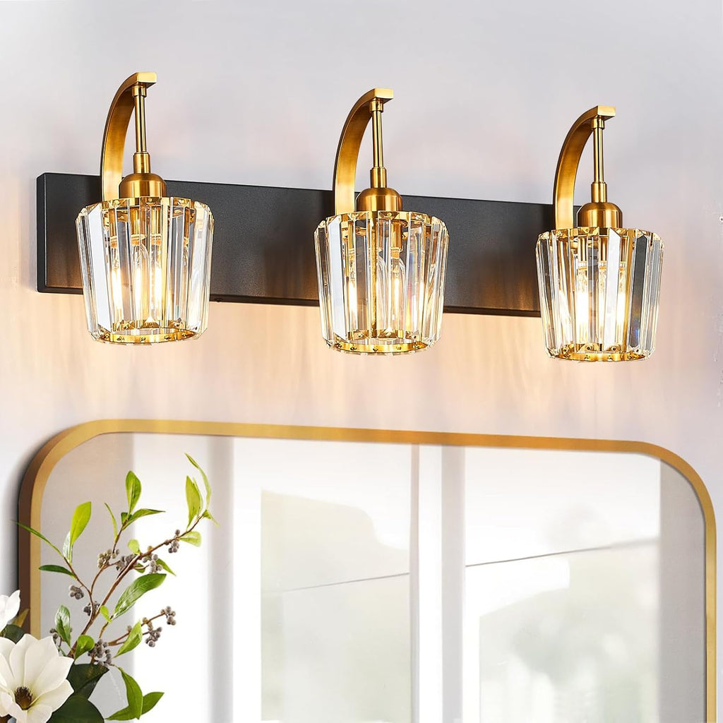 Modern Bathroom Vanity Light, 3-Light Black Gold Wall Sconce with Crystal Accents, Over Mirror Bathroom Lighting Fixture, 23.62" Long Dimmable Vanity Lamp for Makeup, Easy Installation