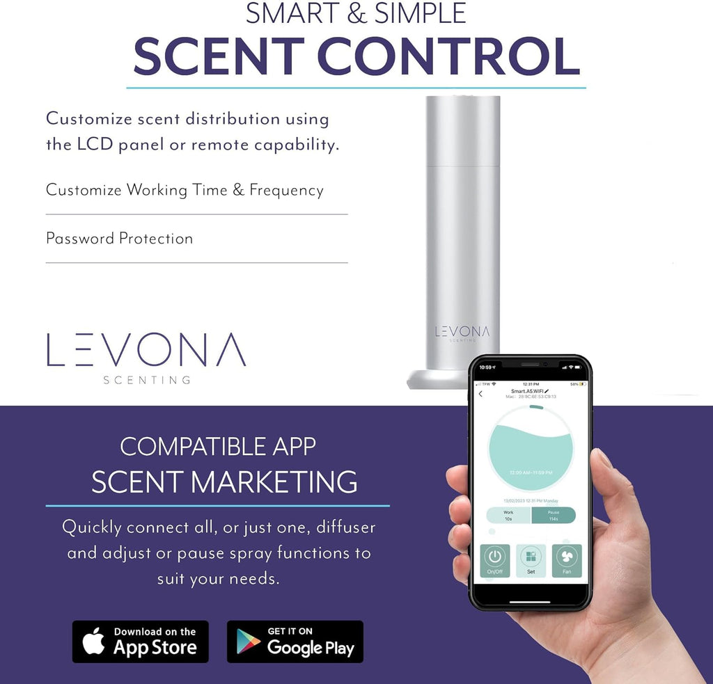 Levona Scent Waterless Diffuser - Essential Oil Aroma Smart Plug-in, Portable Scent Machine for Residential Space & Hotel, Covers 1000sqft - Acasa1000, Brushed Silver (With 120ml Oil & Cleaning Cloth)