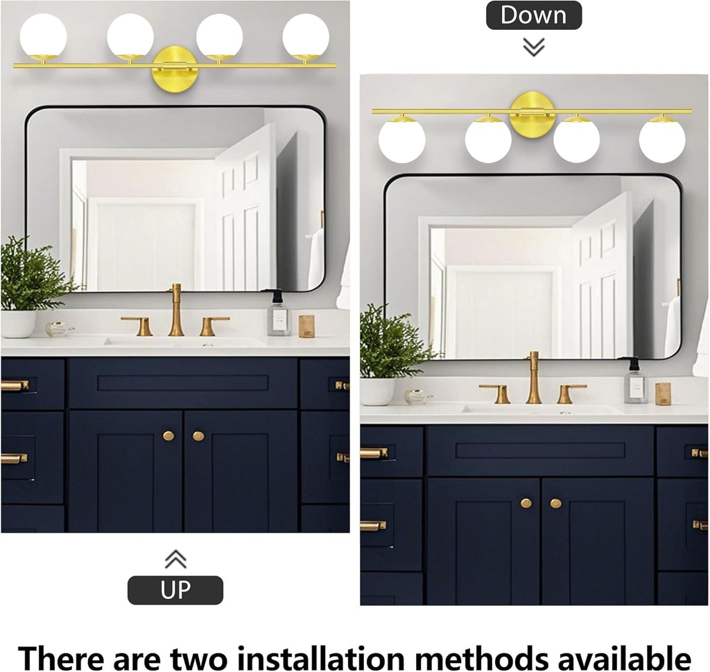 New Bathroom Vanity Light Fixtures Brushed Bronze Milk White Globe Glass Shade Modern Wall Bar Sconce Over Mirror (Brushed Brass, 4T)