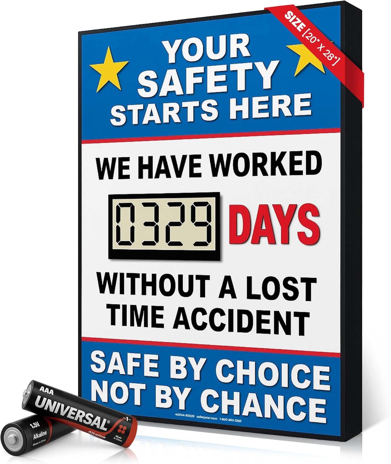 Battery Operated Safety Digital Scoreboard 20" × 28" | Full Size Indoor Led Scoreboard with Auto Day Counter | No Power Cord Needed | Track Days Without Accident Sign for Workplace Safety