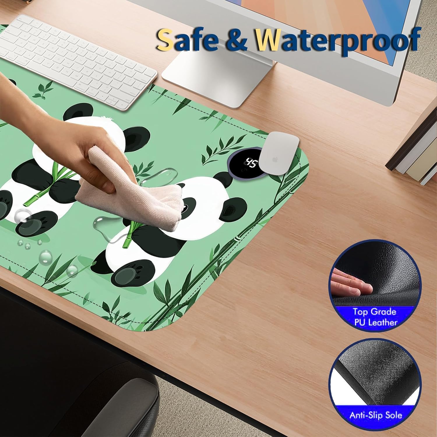 Heated Mouse Pad with 3 Temperature Settings(104°F–122°F),Large 24x14.2 Inch PU Leather Heated Desk Mat,Waterproof Warming Pad for Office,Gaming & Cold Hands Relief,Cute Three Pandas