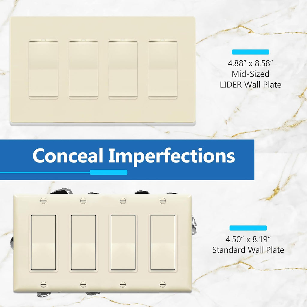 LIDER Matte Finish Decorator Switch Cover, Screwless Wall Plate, Mid-Size 4-Gang 4.88" x 8.58", Unbreakable Polycarbonate Thermoplastic, UL Listed, LSWP-34M-LA, Light Almond
