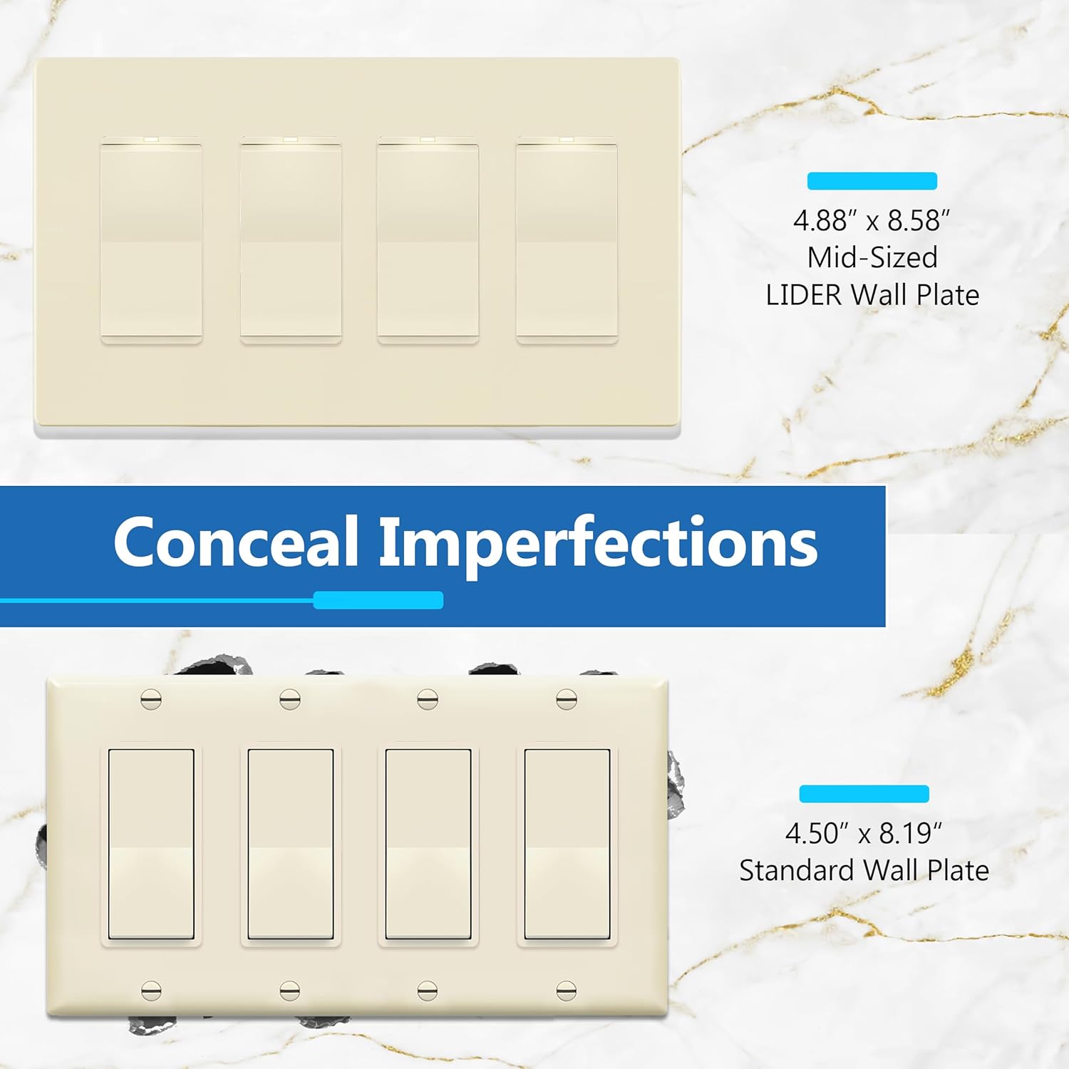 LIDER Matte Finish Decorator Switch Cover, Screwless Wall Plate, Mid-Size 4-Gang 4.88" x 8.58", Unbreakable Polycarbonate Thermoplastic, UL Listed, LSWP-34M-LA, Light Almond