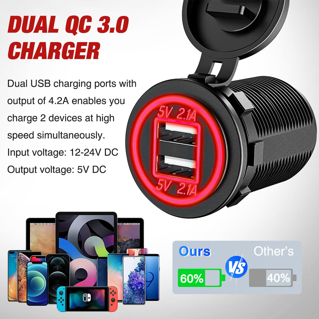 Nilight 4 in 1 ON/Off Charger Socket Panel Dual USB Power Outlet LED Voltmeter Cigarette Lighter Socket Lighted ON Off Rocker Toggle Switch for Truck Car Marine Boats RV,2 Years Warranty