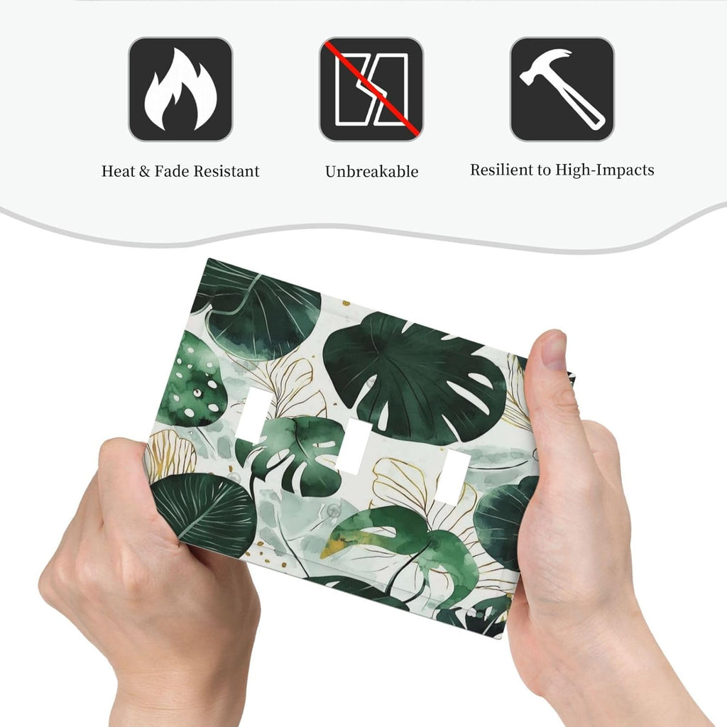 Boho Tropical Green Leaf Watercolor Banana Leaves Decorative Switch Plates 3 Gang Wall Plate Triple Toggle Light Switch Cover Faceplate Electrical Wall Panels For Bed Room Living Room Decor