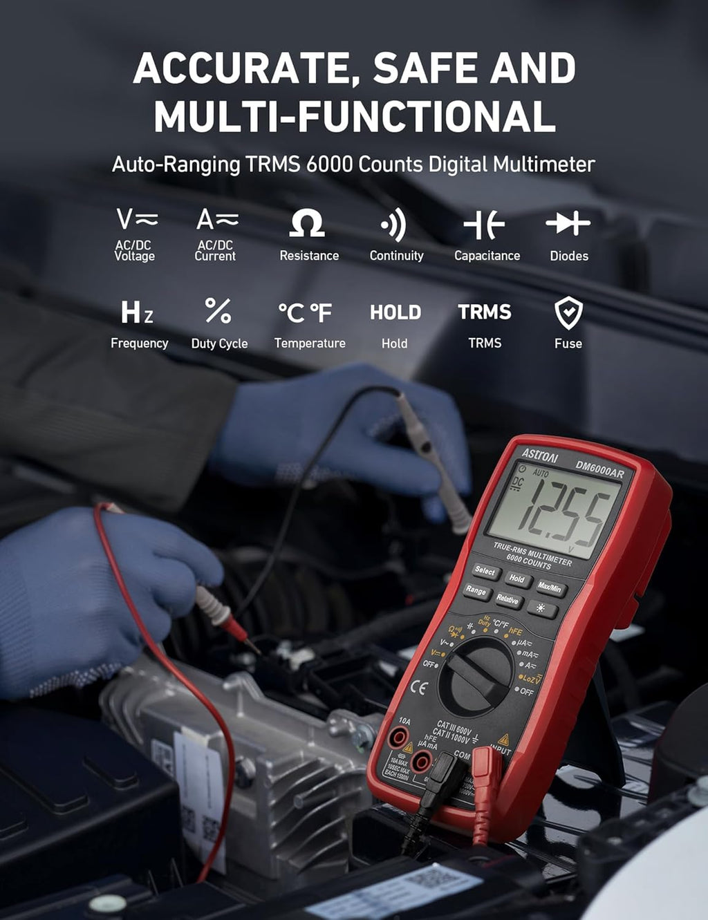 AstroAI Digital Multimeter TRMS 6000 Counts Volt Meter Ohmmeter Auto-Ranging Tester; Accurately Measures Voltage Current Resistance Diodes Continuity Duty-Cycle Capacitance Temperature, Black