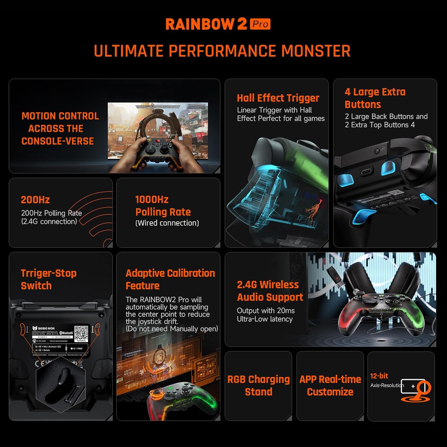 PC Controller, BIGBIG WON Wireless Controller Motion Control, Hall Trigger, ALPS Joystick, 3.5mm Audio, Gaming Controller for PC Windows/Android/iOS/Switch Pro Controller (Rainbow 2 Pro&Charging Dock)