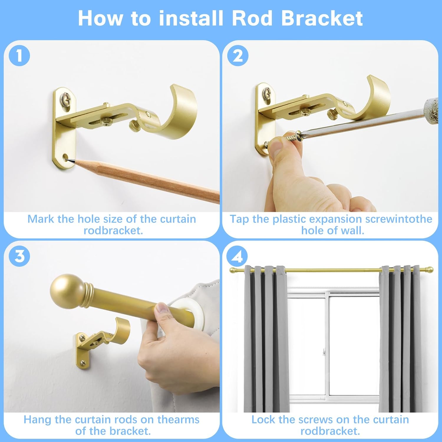 Curtain Rods for Windows 16 to 92 Inches, Curtain Rod Max Adjustable Length of 104 IN, 6/8" Diameter Drapery Rods Round Finials, Warm Gold, Pack of 2