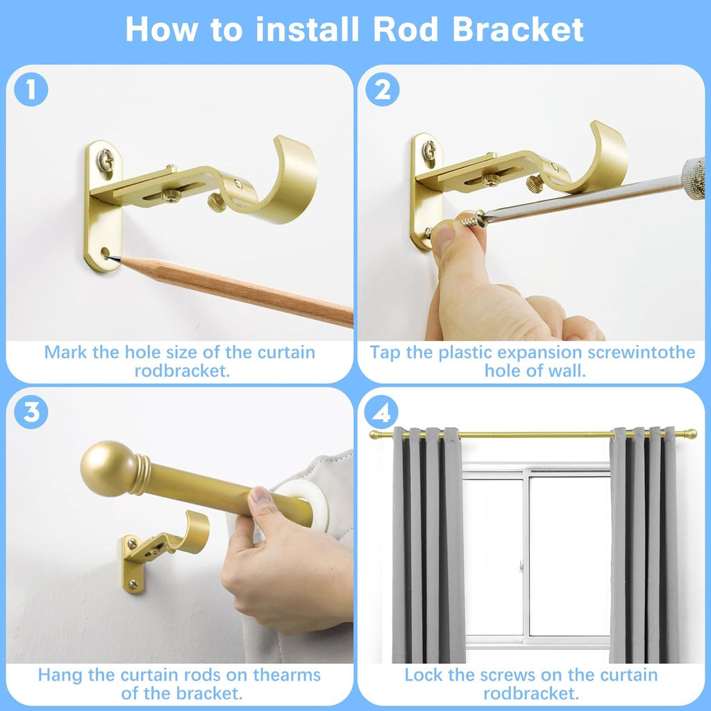 Curtain Rods for Windows 16 to 120 Inches, Curtain Rod Max Adjustable Length of 132 IN, 1" Diameter Drapery Rods Round Finials, Warm Gold, Pack of 2
