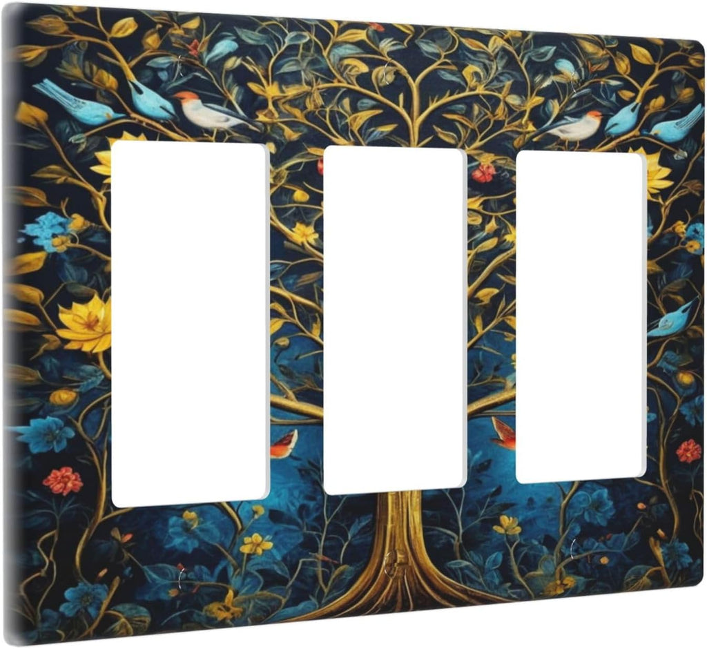 Gold Tree With Birds Flowers on Branches 3 Gang Rocker Triple Outlet Wall Plate Decorative Switchplate Cover Faceplate GFCI Light Switch Covers for Farmhouse Living Decor