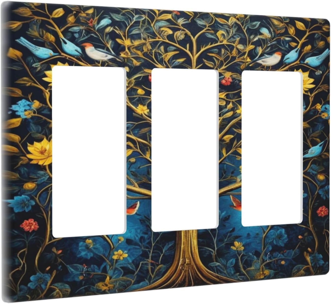 Gold Tree With Birds Flowers on Branches 3 Gang Rocker Triple Outlet Wall Plate Decorative Switchplate Cover Faceplate GFCI Light Switch Covers for Farmhouse Living Decor