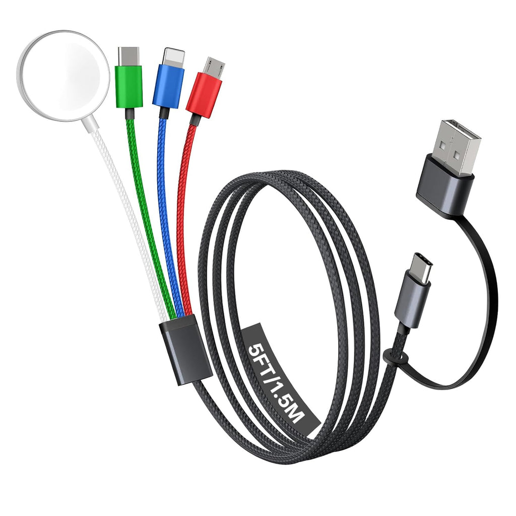 Travel Essentials, 4 in 2 Multi Charging Cable for Apple Watch Charger/iPhone Charger,USB C Cable Cord for iPhone 17-11/iWatch Ultra/10-2/Galaxy S25-S20, Android Phones, MP3-MultiColor,5FT