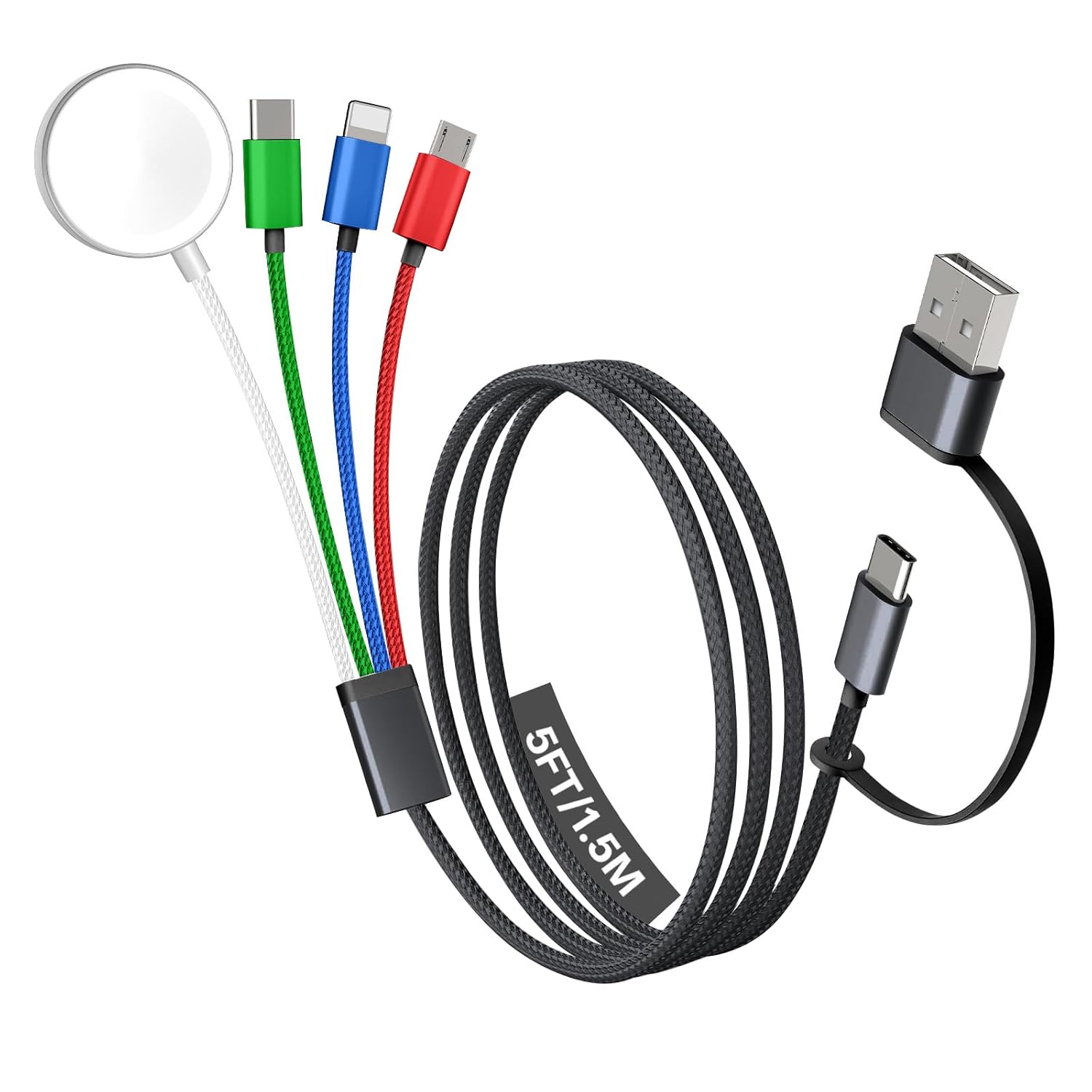 Travel Essentials, 4 in 2 Multi Charging Cable for Apple Watch Charger/iPhone Charger,USB C Cable Cord for iPhone 17-11/iWatch Ultra/10-2/Galaxy S25-S20, Android Phones, MP3-MultiColor,5FT
