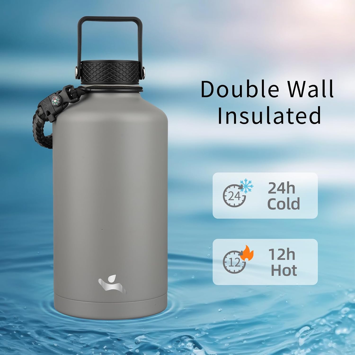 Insulated Water Bottle with Straw,87 oz 3 Lids Water Jug with Carrying Bag,Paracord Handle,Double Wall Vacuum Stainless Steel Metal Flask,Gray
