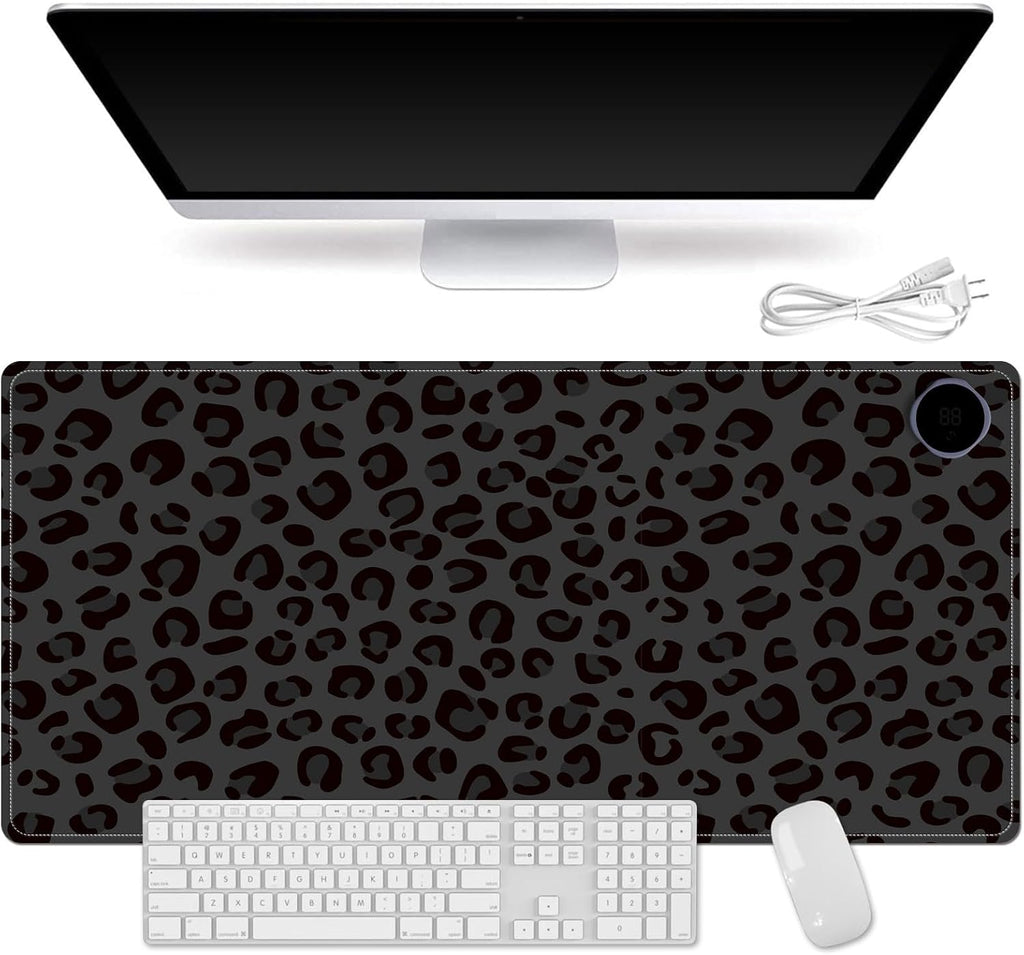 Small Heated Desk Pad 23.6" x 14.2" – Compact Electric Mouse Pad with 3 Heating Levels, Auto Shut-Off, Waterproof PU Surface, Plug-in Warmer for Office or Home Use, Dark Leopard Print