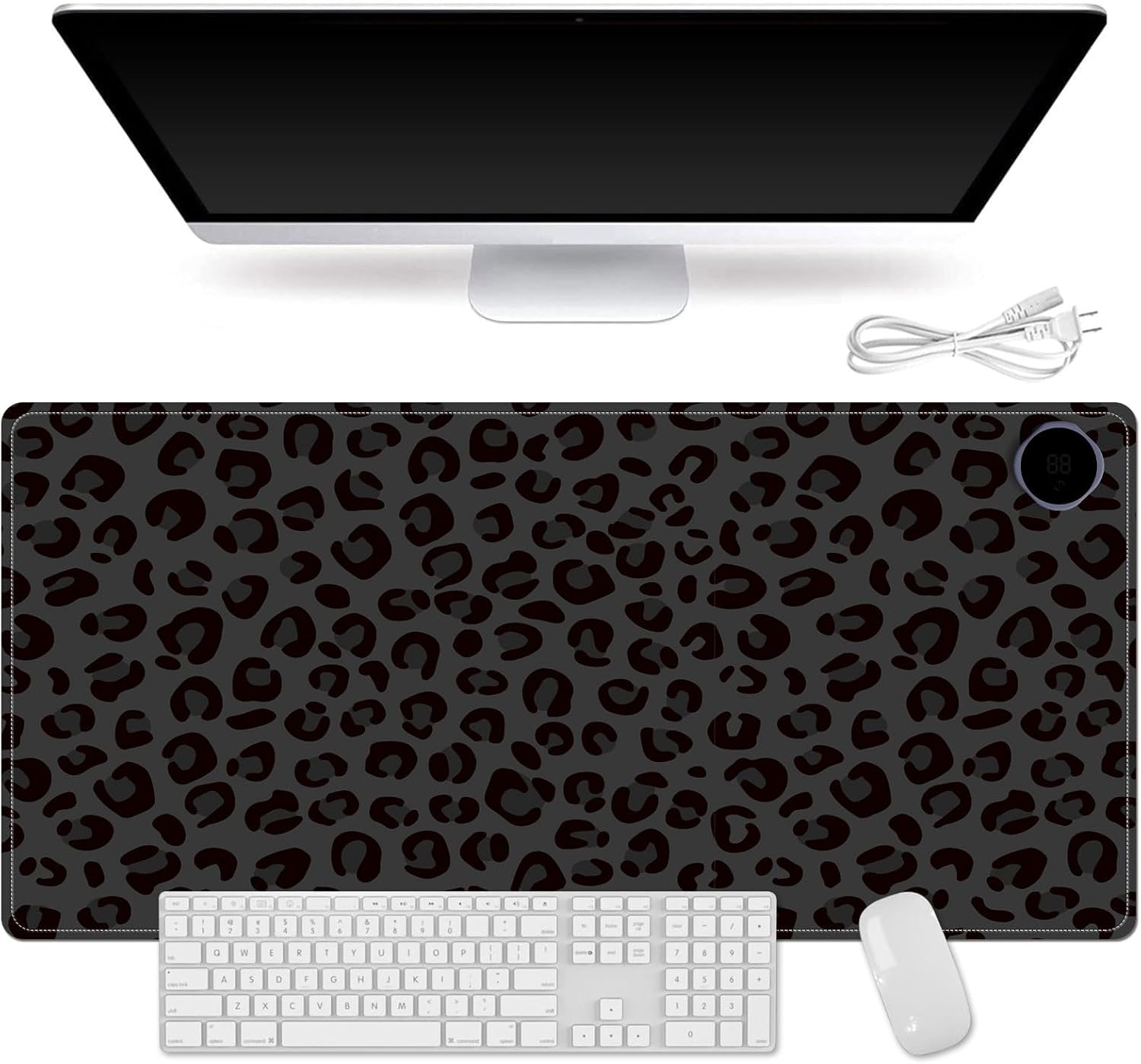 Heated Mouse Pad for Desk 31.5" x 13" – PU Leather Warm Desk Pad with 3 Heat Levels (104°F/113°F/122°F), Plug-in Electric Heating Mat with Auto Shut-Off, Waterproof & Rollable, Dark Leopard Print