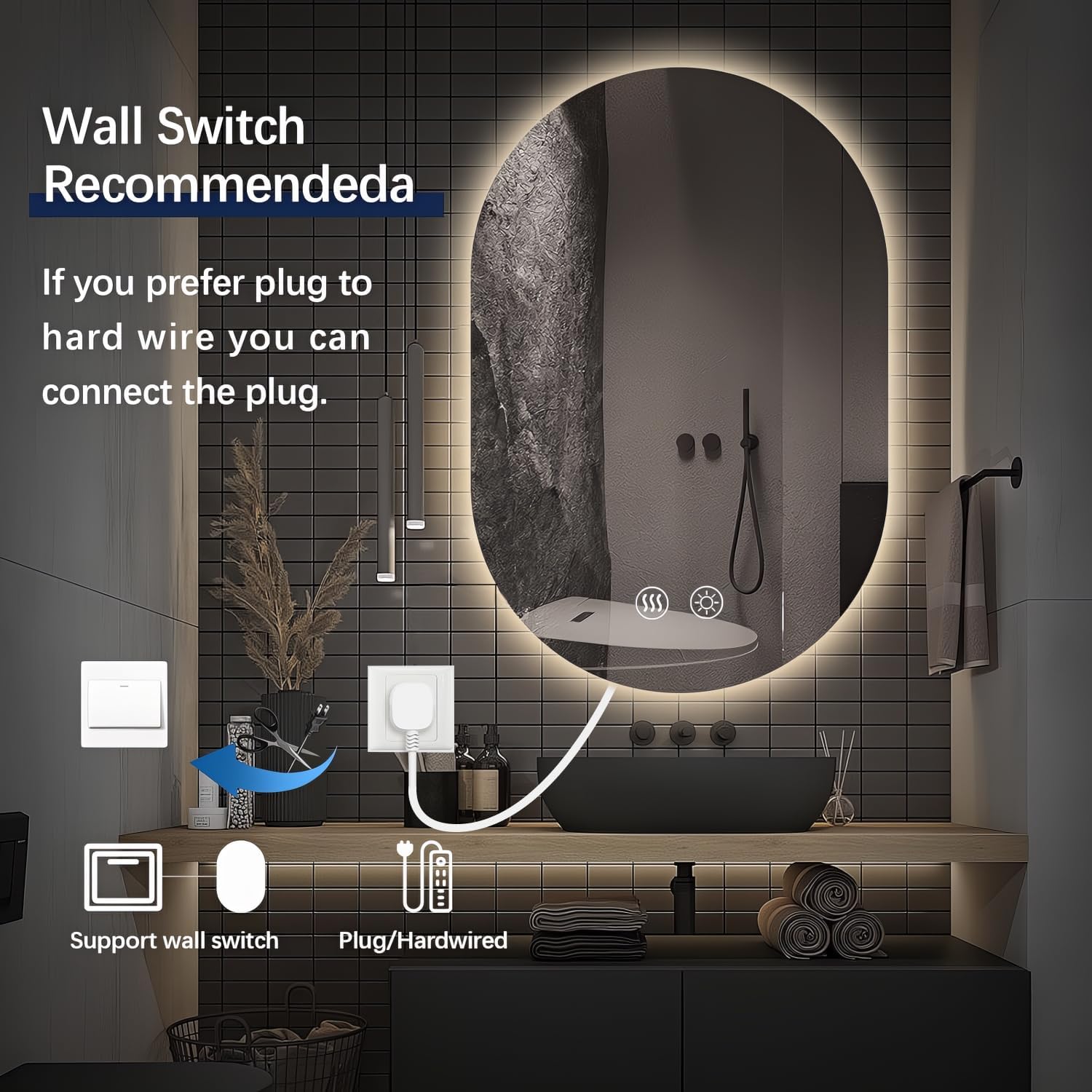 Niccy Oval LED Bathroom Vanity Mirror, 55x28inch Frameless Backlit Mirror with Light, Smart Anti-Fog Waterproof Mirror with Memory Function Dimmable Lighted Mirror