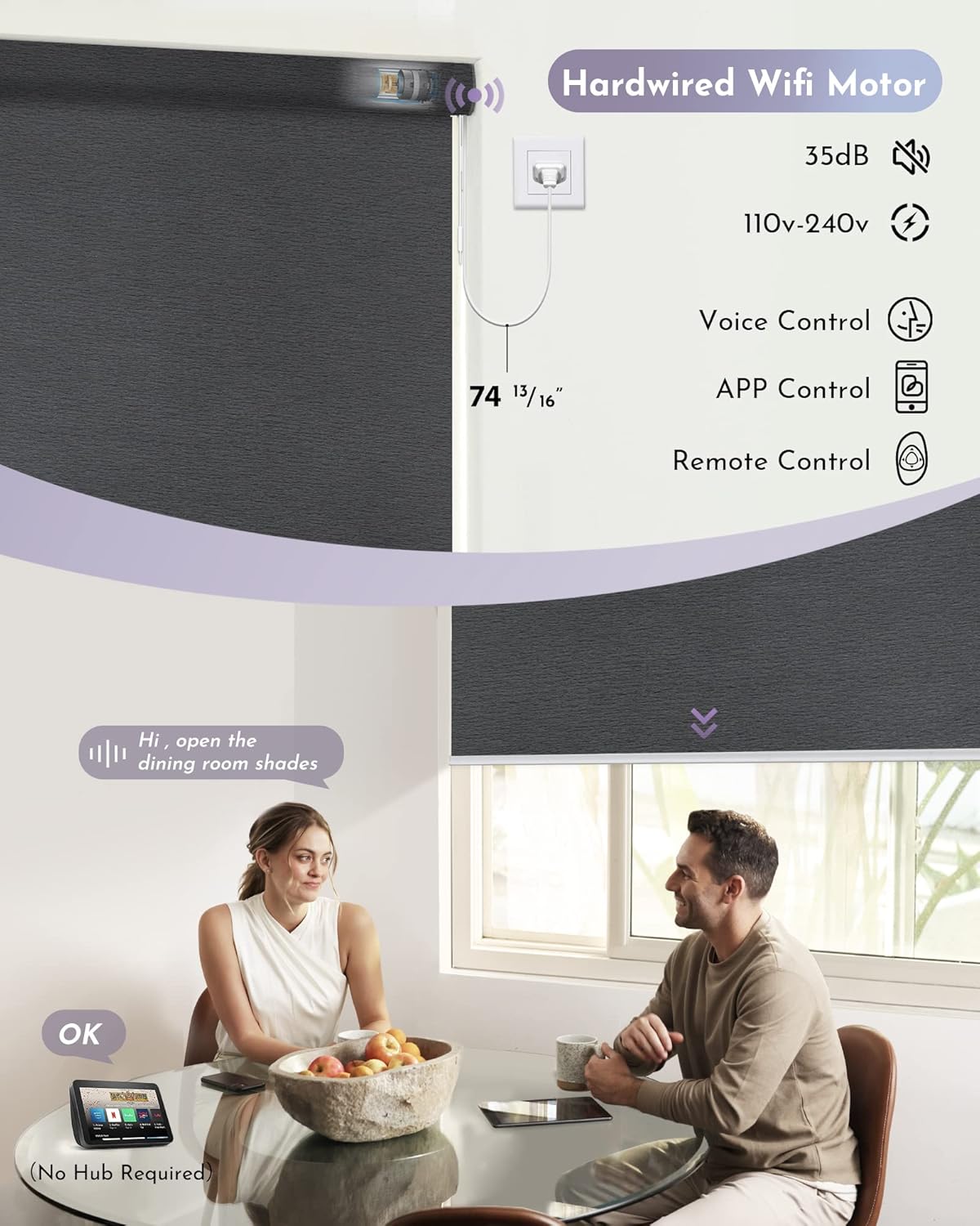 Graywind Smart Blackout Roller Shades Compatible with Alexa Google WiFi Hardwired Textured Fabric Motorized Blinds Remote Window Shades, Custom Size (Frequency Nero)