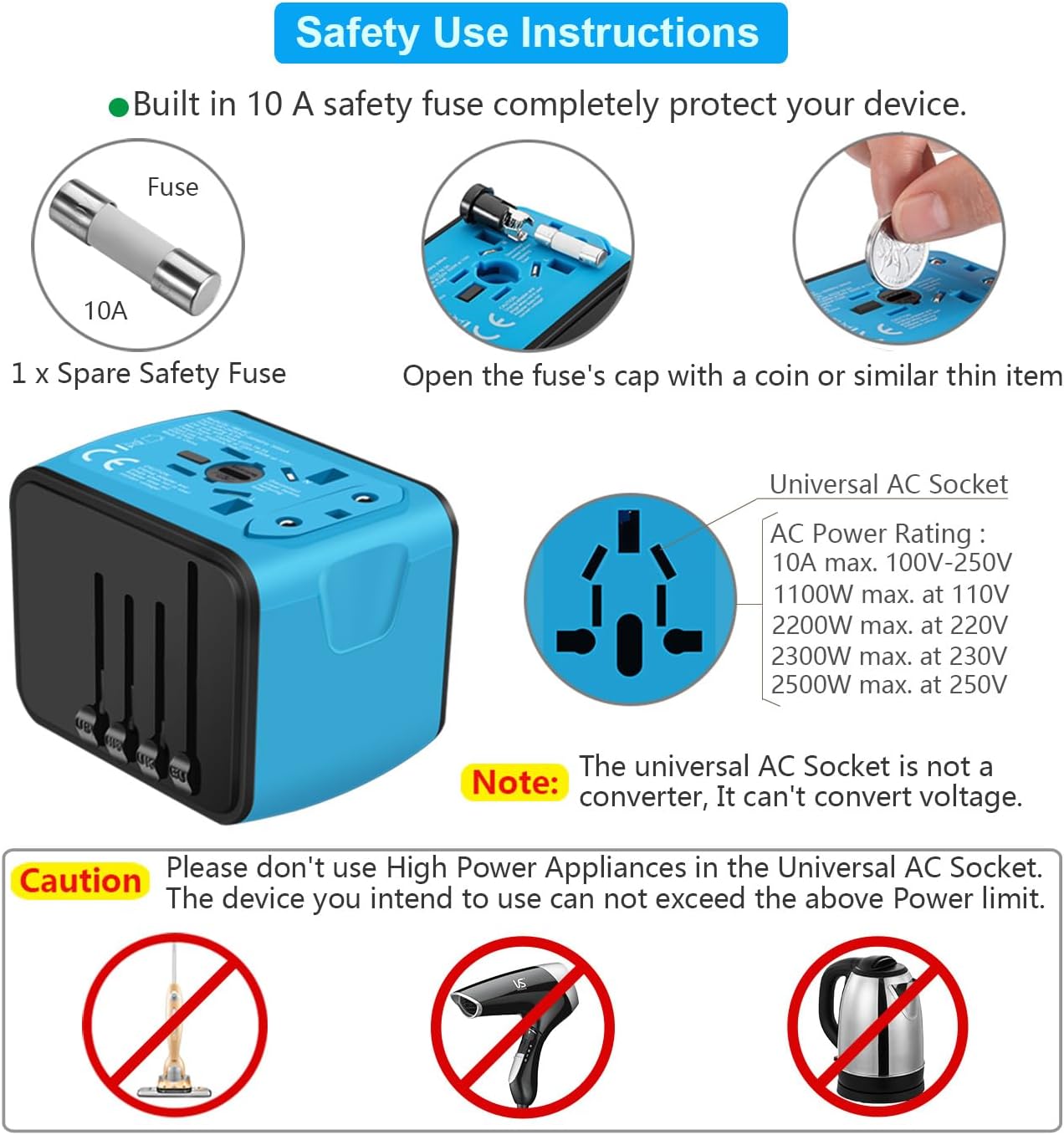 Travel Adapter Worldwide, Universal International Power Plug Adapter W/2.4A 3xUSB-A and 3.0A Type-C Wall Charger, European Travel Plug Adapter for Europe UK EU US CA AU Italy Asia-Blue
